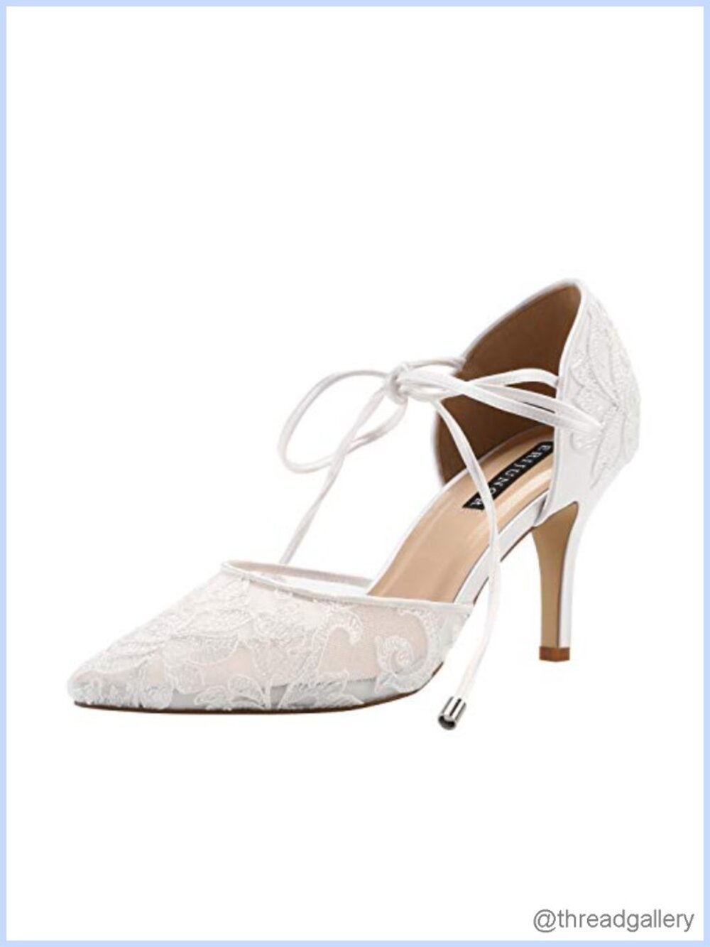 Comfortable Mid Heel Lace Mesh Satin Tie Up Ankle Strap Pointy Toe Pumps for